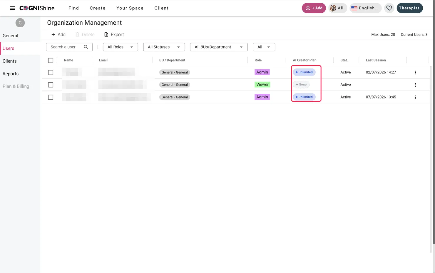 Users list showing the AI Creator Plan column