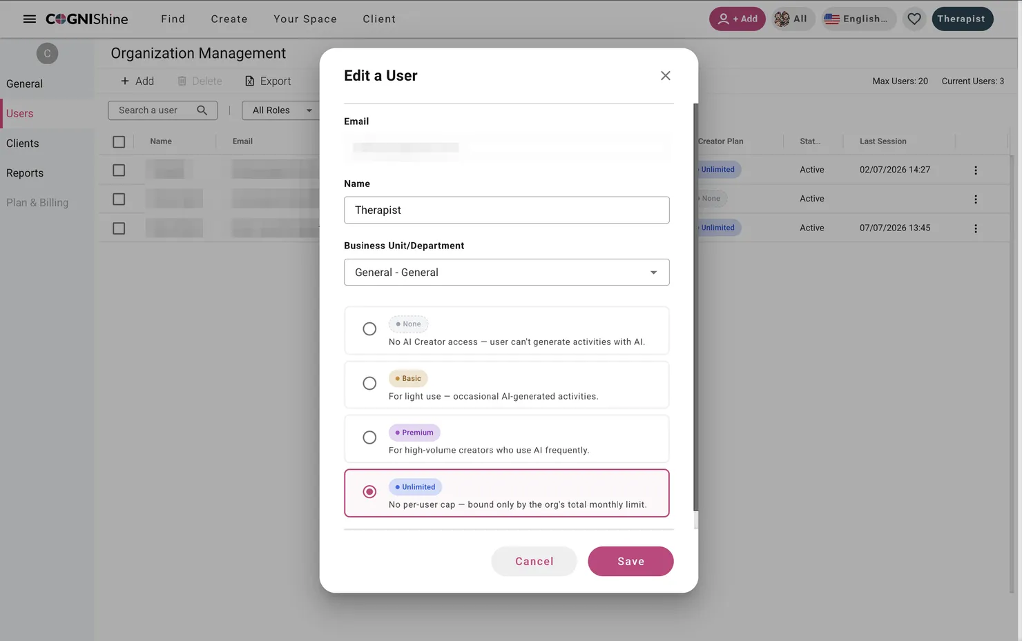 Edit a User window showing the four AI creator access levels